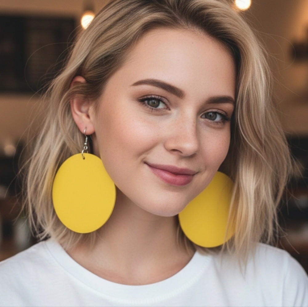 Round wooden earrings, super lightweight, Yellow circular earrings, 6.5 cm long.
